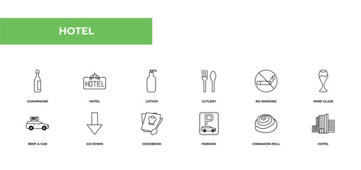 Aufkleber - fully editable outline icon collection from hotel concept. thin line icons set such as champagne, hotel, lotion, cinnamon roll, hotel,