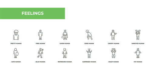 Aufkleber - fully editable outline icon collection from feelings concept. thin line icons set such as pretty human, free human, super human, crazy fat