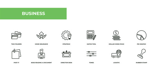 Aufkleber - fully editable outline icon collection from business concept. thin line icons set such as two folders, home insurance, strategic, logistic, rubber stamp,