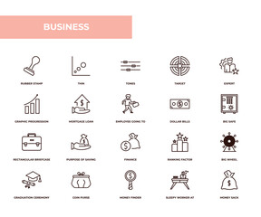 Poster - fully editable outline icon collection from business concept. thin line icons set such as rubber stamp, thin, graphic progression, sleepy worker at work, money sack,