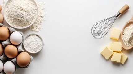 Poster - Flour, eggs, butter, and a whisk are neatly arranged on a clean white background, showcasing essential baking supplies for creating treats. Generative AI