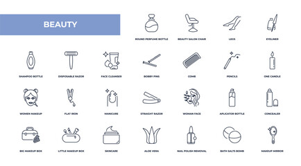 Poster - fully editable outline icon collection from beauty concept. thin line icons set such as round perfume bottle, beauty salon chair, disposable razor, bath salts bomb, makeup mirror,