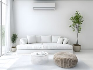 Poster - Bright and Airy Living Room with White Sofa, Minimalist Decor, and Indoor Plants Creating a Tranquil and Modern Space for Relaxation and Comfort