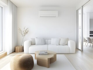 Poster - Modern Minimalist Living Room with Bright Natural Light, Cozy Sofa, Air Conditioning, Wooden Table, and Decorative Plant in a Stylish Apartment Interior