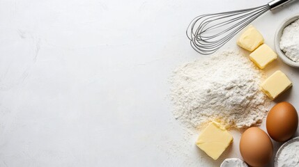 Aufkleber - Essential baking ingredients like flour, eggs, butter, and a whisk are organized on a clean white background ready for use. Generative AI