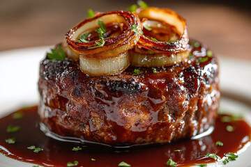 Wall Mural - Hearty meatloaf portion with glossy gravy coating, crispy onion garnish, parsley accent.