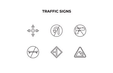 Aufkleber - fully editable outline icon collection from traffic signs concept. thin line icons set such as crossroads, no turn, no weapons, side road, falling rocks,