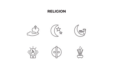 Poster - fully editable outline icon collection from religion concept. thin line icons set such as gospel, star and crescent moon, fasting, animism, incense burner,