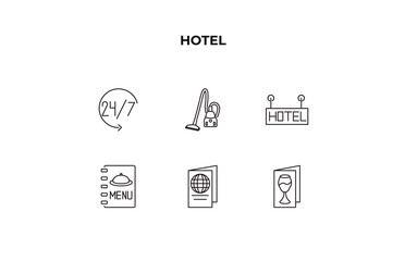 Aufkleber - fully editable outline icon collection from hotel concept. thin line icons set such as 24 service, vacuum cleaner, hotel, passport, wine menu,