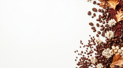 Poster - Different coffee beans are arranged on a white background, creating an appealing layout perfect for adding custom text or designs. Generative AI