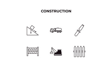 Poster - fully editable outline icon collection from construction concept. thin line icons set such as inclined, tank truck, chisel, derrick with box, garden fence,