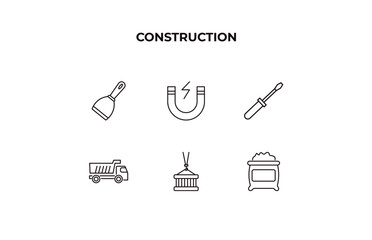Poster - fully editable outline icon collection from construction concept. thin line icons set such as scraper, inclined magnet, screwdrivers, derrick with pallet, cement,