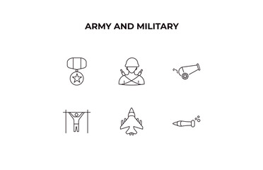 Aufkleber - fully editable outline icon collection from army and military concept. thin line icons set such as condecoration, infantry, artillery, jet, torpedo,