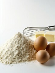 Poster - Flour, eggs, and butter are neatly arranged with a whisk on a white surface, providing a perfect setup for baking recipes and ideas. Generative AI