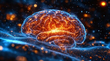 Poster - Anatomical cross-section of a human brain with illuminated neural pathways and directional arrows