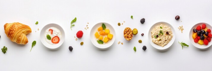Aufkleber - A delightful breakfast display arranged with porridge, fresh fruit, a fluffy omelet, and a golden croissant, set on a clean table. Generative AI