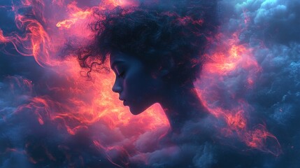 Poster - Silhouette of a person surrounded by abstract flowing shapes in vibrant colors and ethereal clouds
