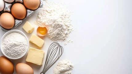 Poster - Baking staples like flour, eggs, and butter neatly arranged on a white background with space for personalized text or notes. Generative AI
