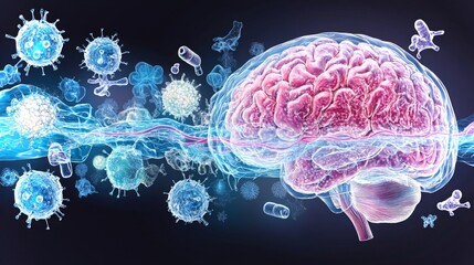 Poster - Cross-sectional diagram of the brain illustrating interactions with viruses in a scientific context