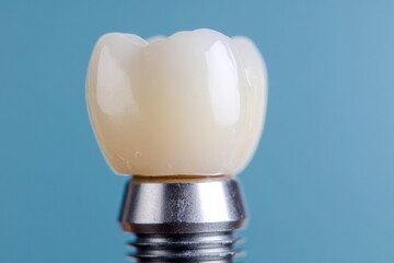 Aufkleber - This detailed view captures a dental implant topped with a porcelain crown, highlighting modern restorative dentistry techniques. Generative AI