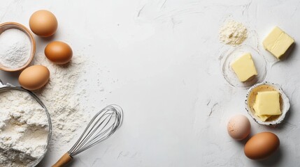 Poster - Flour, fresh eggs, butter, and a whisk are artfully arranged on a simple background, leaving space for additional text or ingredients. Generative AI