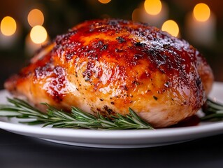 Wall Mural - a white plate topped with a roasted chicken on top of a table