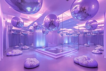 Wall Mural - A room with purple walls and purple balls hanging from the ceiling