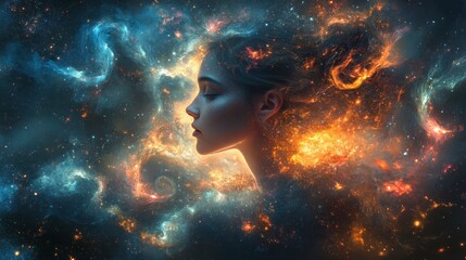 Poster - Abstract representation of a person surrounded by swirling cosmic elements in a dreamy night sky
