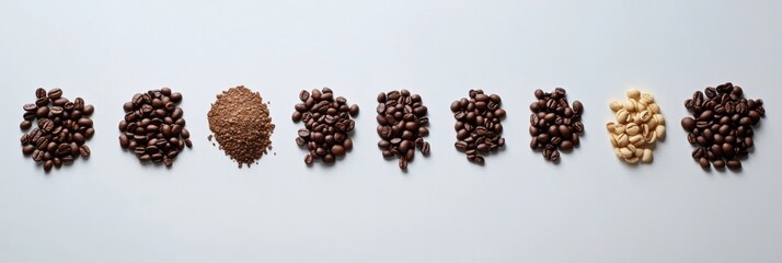 Leinwandbilder - Different types of coffee beans arranged on a white surface, showcasing their unique textures and colors, with room for additional information. Generative AI