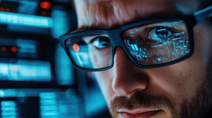 The focused gaze of a cybersecurity expert monitoring digital threats, Expressing vigilance amidst technological challenges, photography style