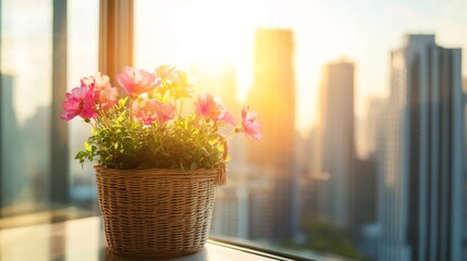 Aufkleber - Fresh flowers in a woven basket sit on a windowsill, basking in sunlight. Skyscrapers rise in the distance, creating a vibrant urban atmosphere. Perfect for enhancing any indoor space.