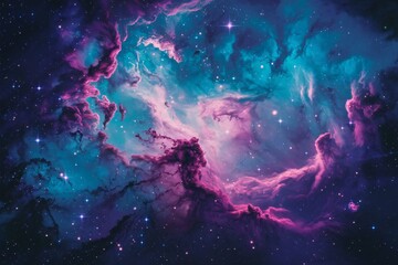 Wall Mural - A stunning, high-resolution image depicting a nebula with vibrant, swirling clouds of deep blues, purples, and pinks.