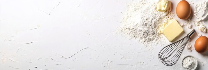 Poster - Flour, eggs, butter, and a whisk are thoughtfully arranged on a white background, leaving room for recipe or cooking text on the right. Generative AI