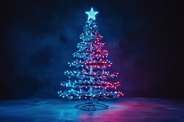 Wall Mural - Illuminated Christmas tree with star on dark background