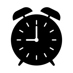 Classic Alarm Clock Silhouette Vector Illustration. This is a black silhouette of a classic alarm clock design. The clock face features hour and minute hands, simple hour markings.