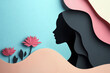 © O - Women's day papercut illustration. Paper Silhouette of confident Woman with flowers and leaves. Girl power and feminism concept for Empowerment females rights.