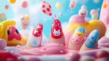 A whimsical nail art setup with cartoon characters and playful designs, capturing a fun and youthful spirit,