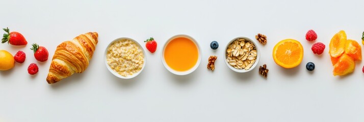 Poster - This spread features porridge, fresh fruit, a buttery croissant, and vibrant orange juice on a light table. Generative AI