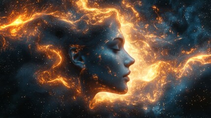 Poster - A person immersed in swirling abstract elements depicting cosmic energy in a creative visualization