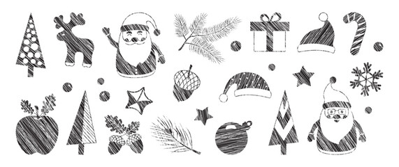Naklejka na meble Christmas crayon icon, Xmas chalk line set. Holiday winter decor brush hand drawn. Santa Claus, gift box, reindeer, ball, snowflake, hat, fir tree pencil design. Season charcoal vector illustration