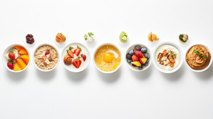 Aufkleber - A visually appealing breakfast spread showcases porridge, fresh fruit, a fluffy omelet, and a buttery croissant on a clean white table. Generative AI