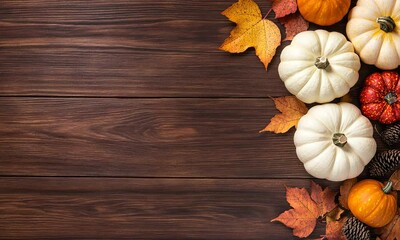 Canvas Print - White and orange pumpkins are neatly arranged with colorful autumn leaves on a rustic wooden surface, capturing the essence of fall