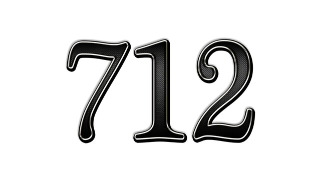 black metal 3d design of number 712 on white background.