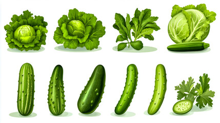 Canvas Print - Variety of green vegetables: cabbage, cucumbers, lettuce, and spinach