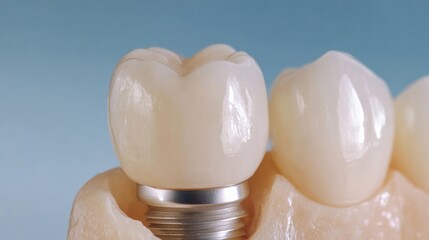 Poster - This close-up shows a dental implant featuring a porcelain crown, highlighting the precision and craftsmanship involved in modern dentistry. Generative AI