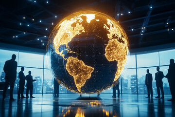 Poster - Silhouetted figures in a professional setting observe a bright globe, underscoring collaboration and communication