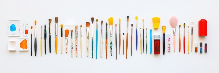 Poster - A colorful arrangement of art supplies features various brushes, pencils, paints, and paper on a bright white surface for artistic inspiration. Generative AI