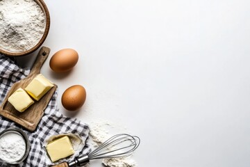 Poster - Baking essentials including flour, eggs, butter, and a whisk laid out on a white background, ready for a recipe or tutorial. Generative AI