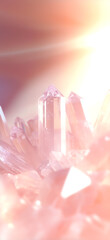 Aufkleber - Transparent quartz crystals surrounded by sparkling gemstones illuminated by sunlight, creating a magical atmosphere in pastel pink and white