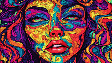  Abstract psychedelic portrait with vibrant colors and swirling patterns. Psychedelic. Illustration
